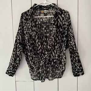 Mimi Chica Sheer Top Small Twisted Front Pop Over Black White Polka Dots